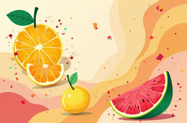 Colorful citrus and watermelon illustration with vibrant abstract background