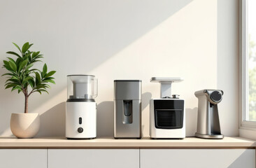 Modern kitchen appliances on countertop with potted plant and sunlight