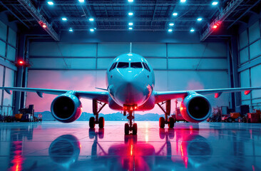 Modern airplane in illuminated hangar during twilight with reflective floor