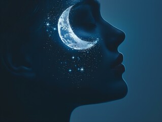 woman face crescent moon starry night cosmic art