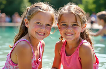 Two young caucasian girls smiling at outdoor pool on a sunny day