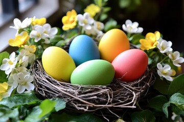 Obraz premium Colorful Easter Eggs in Nest Surrounded by Spring Flowers Overhead Close Up Festive Celebration Holiday Decoration