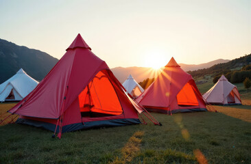 Red tents in scenic sunrise mountain landscape