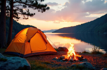 Tranquil camping by lakeside at sunset with glowing campfire