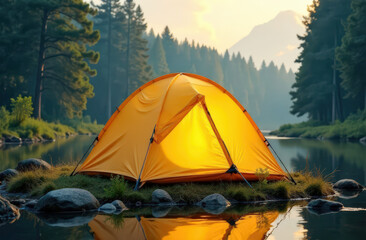 Orange tent by scenic lake in mountainous forest at sunset