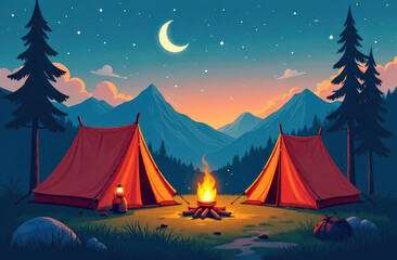 Tranquil mountain camping scene with tents under moonlit sky