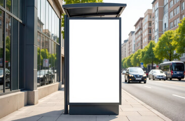 Blank urban bus stop advertisement panel on busy city street
