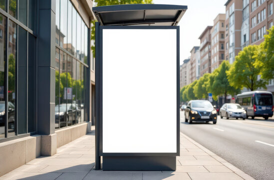 Blank urban bus stop advertisement panel on busy city street