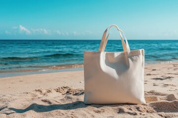 Canvas Tote Bag on Sandy Beach with Ocean View in Summer; Close-up Still Life of Reusable Shopping Bag on Sand