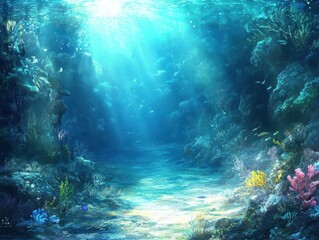 Fototapeta premium Underwater Paradise View of Coral Reefs and Marine Life with Sunbeams in Tropical Ocean Realm Scenery