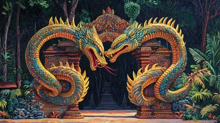 Fototapeta premium A battle between a Naga and a demon in a mythical Thai setting