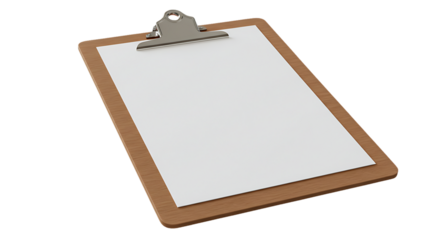 An empty sheet of white paper is held by a metal clip on a wooden clipboard, ready for notes, planning, or documentation.