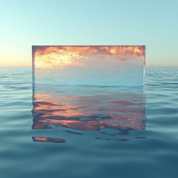 Floating rectangle reflecting a vibrant sunset over water.