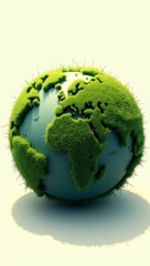 Globe covered in dense grass texture placed on a flat white surface, symbolizing global sustainability and nature preservation