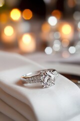 Elegant Diamond Engagement Ring Close Up on White Silk Napkin with Bokeh Lights Background Indoors