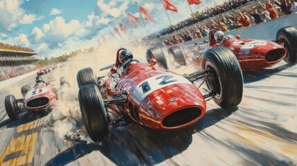 A car in full throttle, capturing the intense action of a race in a bright