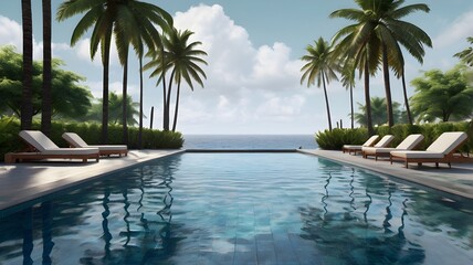 Fototapeta premium Hyper-realistic 3D render of an empty resort swimming pool after tropical rain, wet tiles, overcast sky reflecting on water, palm trees in the background, calm mood, no people,Generative Ai 