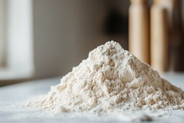 Close up of Flour Pile on Countertop in Kitchen, Baking Ingredient Still Life, Neutral Tones, Minimalist Food Photography