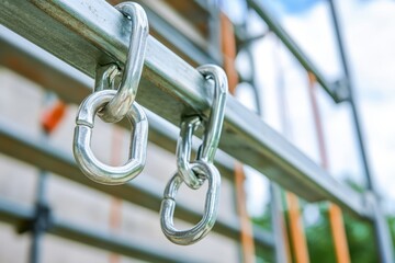 Two metal carabiners hanging from the steel scaffolding crossbar, close-up, low angle, construction site, outdoor