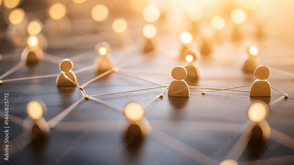 Poster Conceptual Network of People Connecting with Golden Light and Shallow Depth of Field on Dark Surface for Social Media or Business
