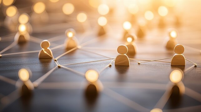 Conceptual Network of People Connecting with Golden Light and Shallow Depth of Field on Dark Surface for Social Media or Business