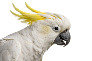 close up of a white cockatoo with yellow crest on transparent background