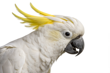 close up of a white cockatoo with yellow crest on transparent background