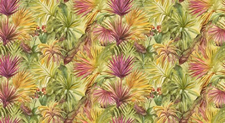Obraz premium Warm Botanical Print: Lush Greens, Pinks, and Golds in a Vintage Floral Design AI Generated