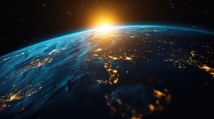 Earth at sunrise seen from space showing city lights and the atmosphere in a cinematic style with stars