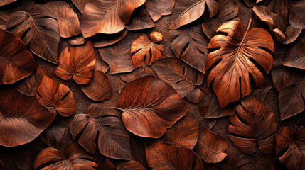 A detailed 3D rende shows realistic brown leaves arranged at a side angle in 4K resolution, forming a beautiful and textured natural background design scene.