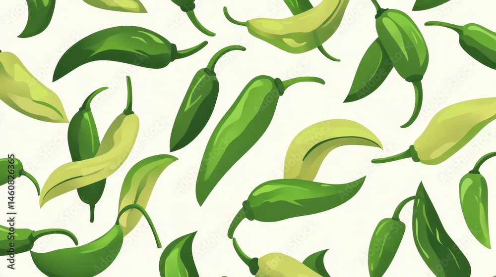 Poster green chili pepper pattern fresh food background close up flat lay view of jalapenos and banana pepp