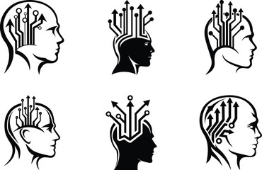 Unique quality and stylish human head with digital elements vector illustration, human head with digital elements line art vector design set