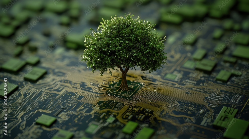 Poster Green Tree Growing on Circuit Board Close Up Symbolizing Environmental Technology and Sustainable Computing Solutions for the Future