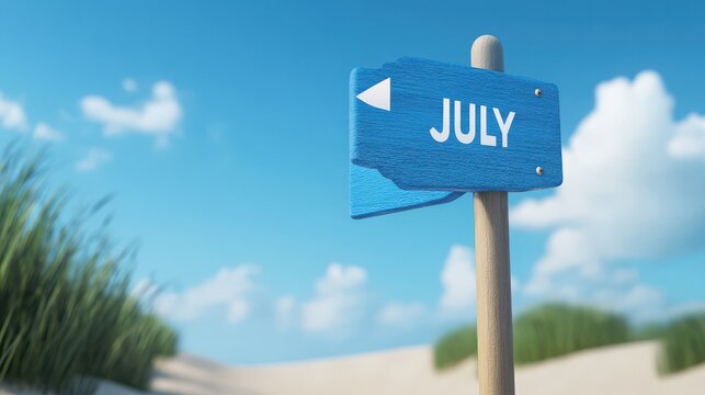 Beach directional sign, vibrant blue sign against a clear sky, sandy dunes in the background, ideal for vacation theme or travel guide.