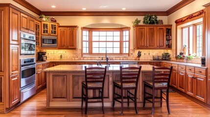 Kitchen room interior with wooden furniture and island counter