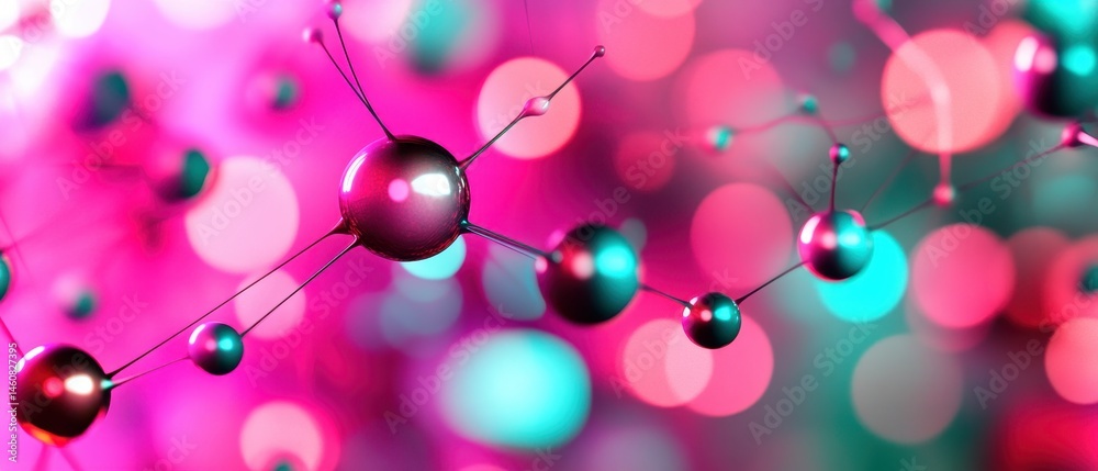 Poster Abstract Network of Connected Spheres on Pink and Teal Bokeh Background Close Up Macro Shot