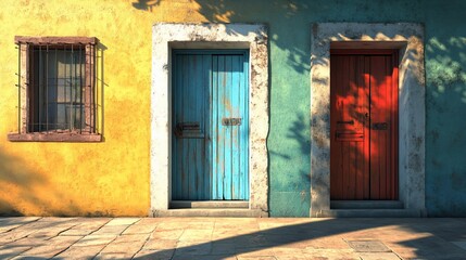 Colorful doors on a weathered stucco wall
