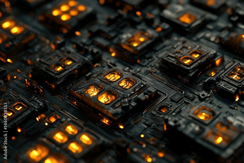 Poster Close up of futuristic circuit board with glowing components in dark setting technology concept detailed view