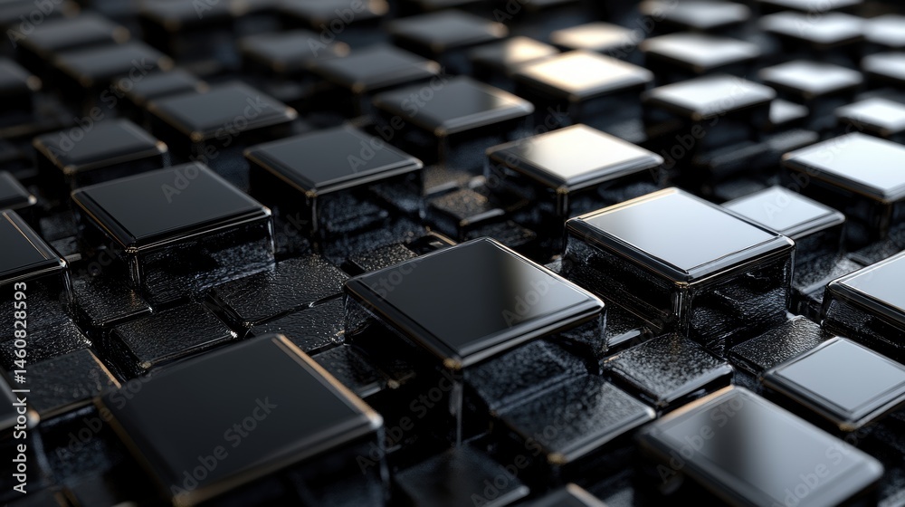 Aufkleber Dark Cubes Array Close-Up: Modern Abstract Design with Reflective Surfaces and Textured Background, Studio Shot