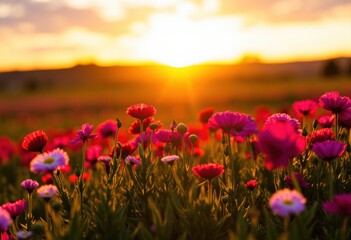 Naklejka premium Vibrant flowers blooming under a stunning sunset in a serene landscape
