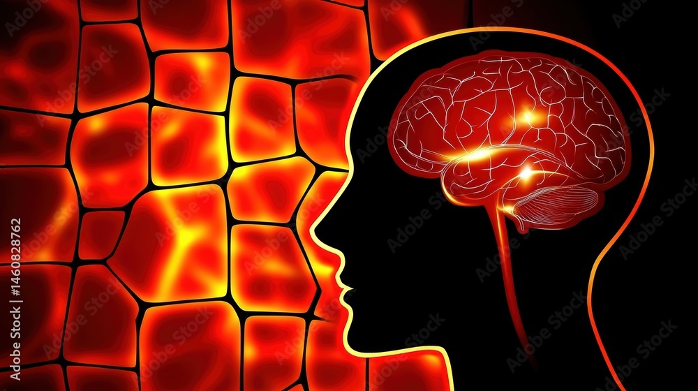 Poster human brain illustration showing neural activity and connectivity in red and orange tones on black b