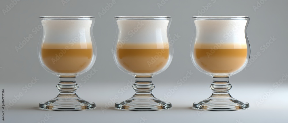 Aufkleber three latte macchiato drinks in clear glass cups on a tabletop studio shot with neutral background