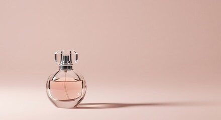 Elegant glass perfume bottle with clear faceted cap presents a soft rose colored fragrance.
