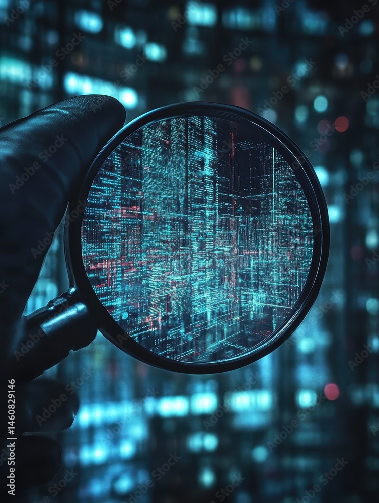 Aufkleber Magnifying glass reveals futuristic cityscape digital code abstract close up view of data analysis information technology