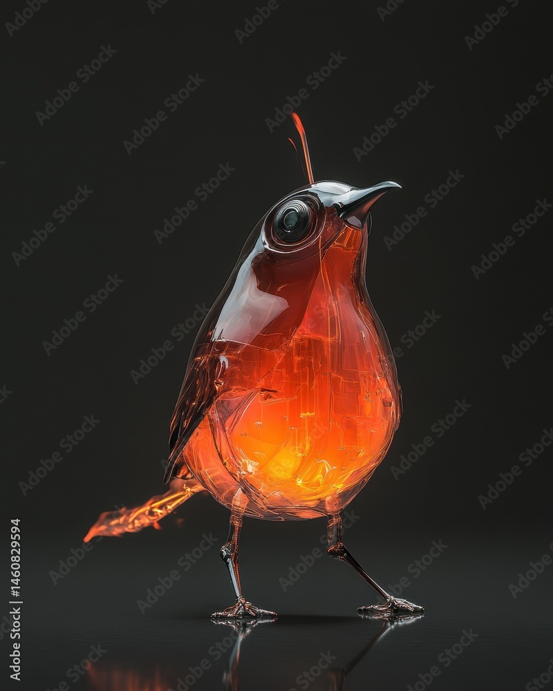 Poster futuristic bird sculpture glowing orange on dark background studio shot eye level view artistic crea