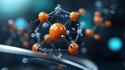 3D model of a complex molecule Orange atoms connected by metal bonds