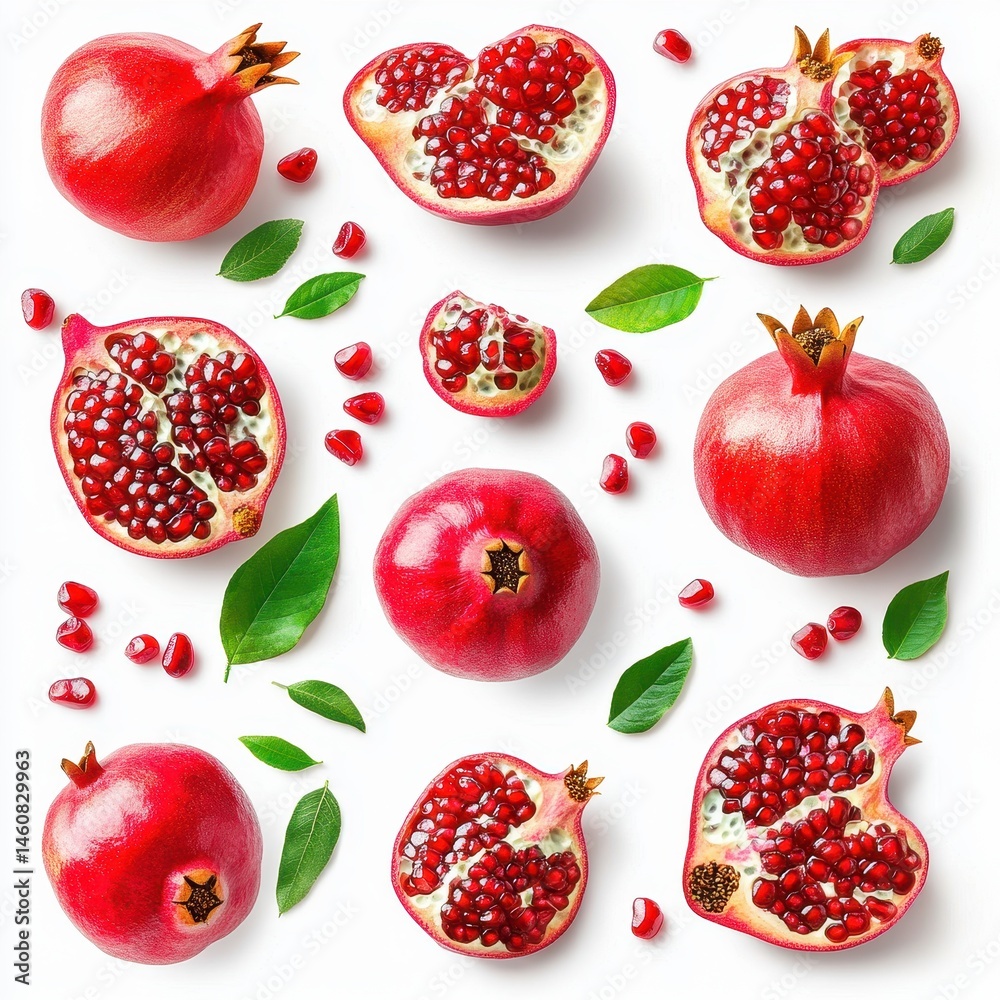 Aufkleber pomegranate still life on white background overhead shot of whole and halved pomegranates with seeds