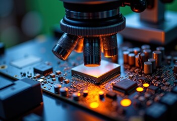 Close-up of a microscope examining a circuit board with glowing components