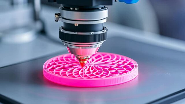 3d printer during work with pink plastic detail. Advanced technology for additive manufacturing for creating prototype and product with rapid prototyping.