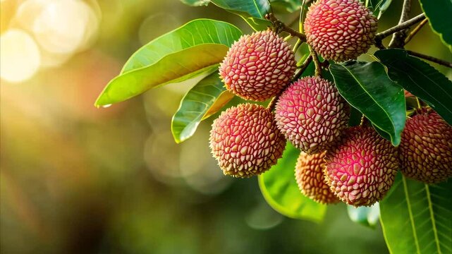 Sunlight illuminating ripe red and green lychee fruits hanging on a tropical tree, Red and green lychee fruits on tree with sunlight